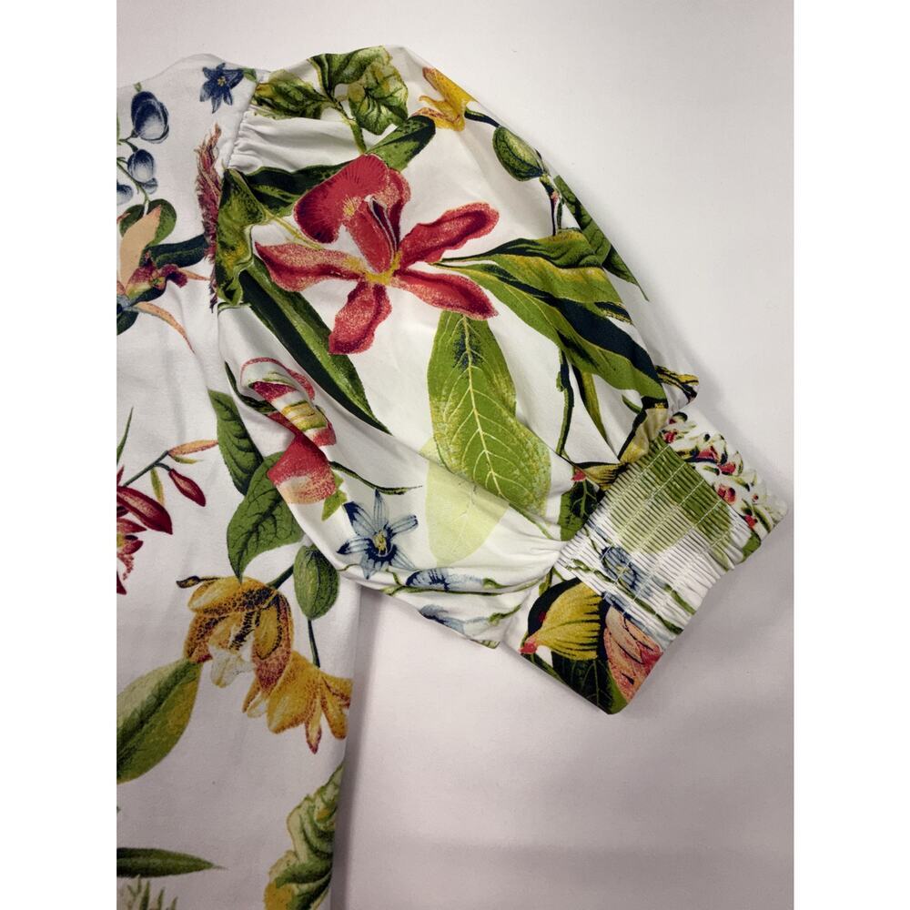 Chico's Floral Tropical Blouse size 0 US M puff sleeve square neck cotton blend - Picture 4 of 10